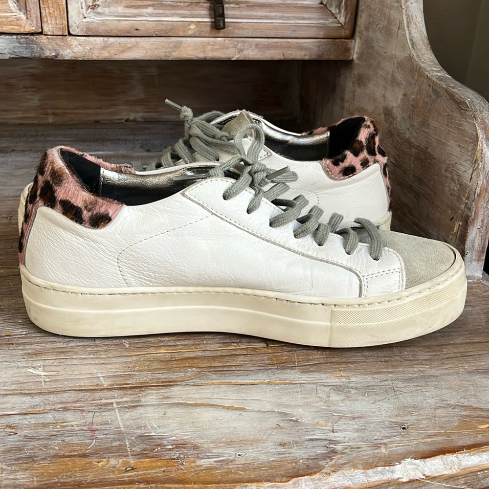 🤍 P448 White Leather Leopard Sneakers Size 39 Suede Toe Platform - Picture 3 of 12